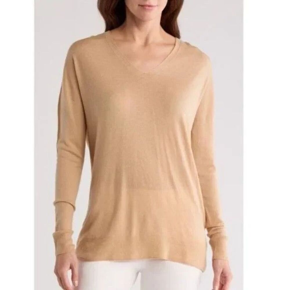 VINCE Ultrafine V-Neck Wool Cashmere Blend Sweater in Tan Size Large